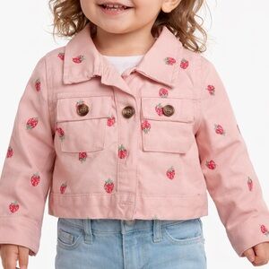 Little Lass Girls 2T Pink Strawberry Embroidered Cropped Jacket Button Front
